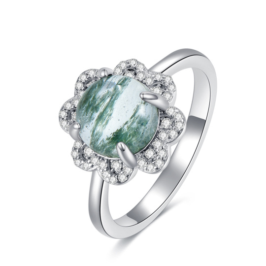 Sterling Silver Circular Cubic Zirconia And Moss Agate Couple Round Engagement Ring For Women