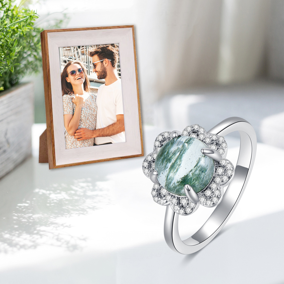 Sterling Silver Circular Cubic Zirconia And Moss Agate Couple Round Engagement Ring For Women-6