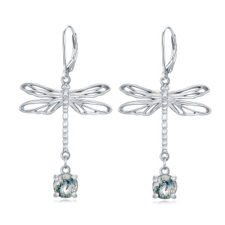 Sterling Silver Circular Shaped Moss Agate Dragonfly Drop Earrings-5