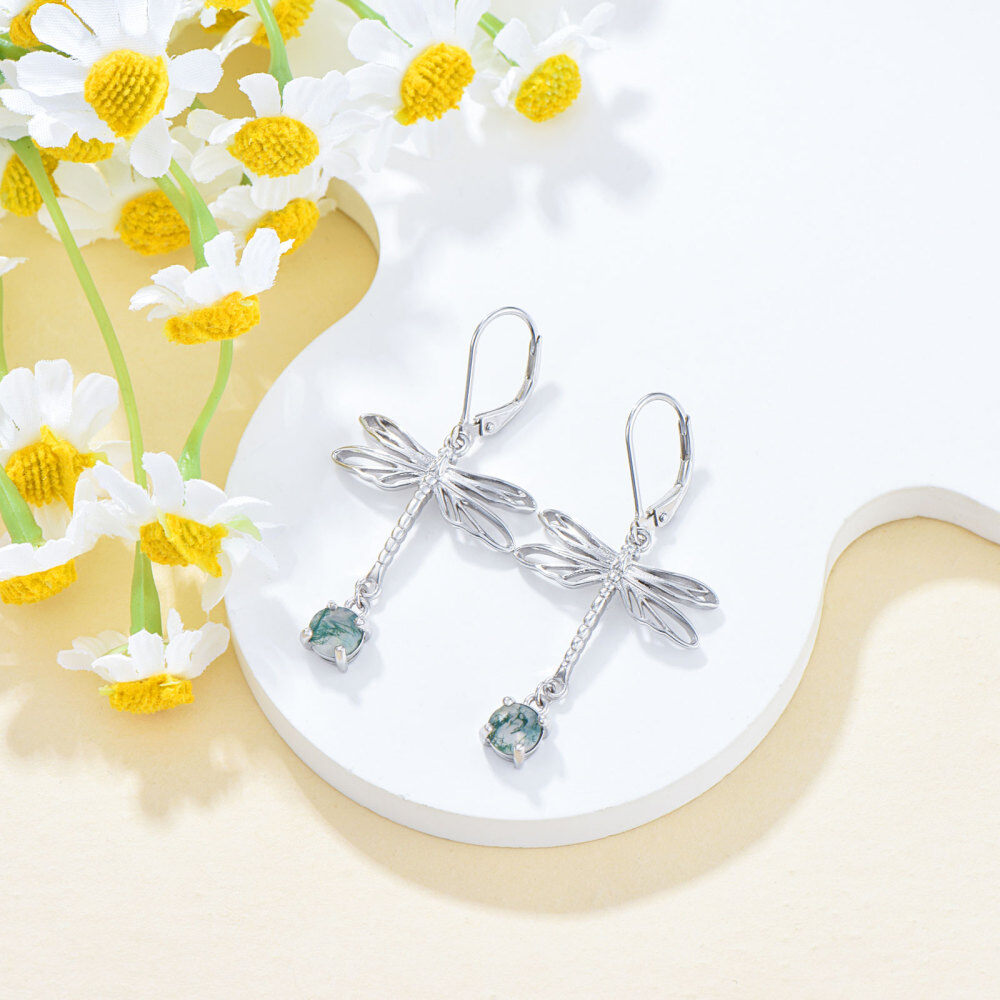 Sterling Silver Circular Shaped Moss Agate Dragonfly Drop Earrings-3