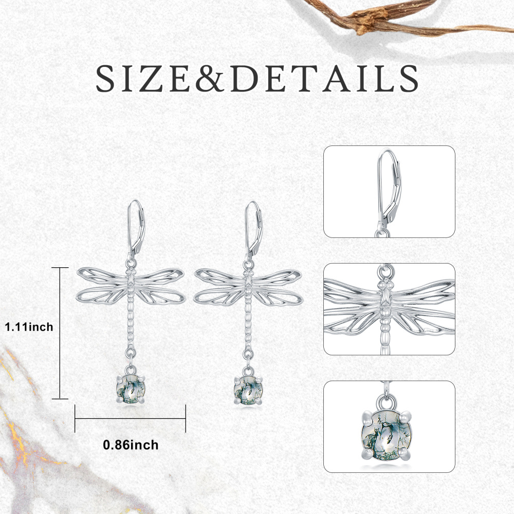 Sterling Silver Circular Shaped Moss Agate Dragonfly Drop Earrings-4