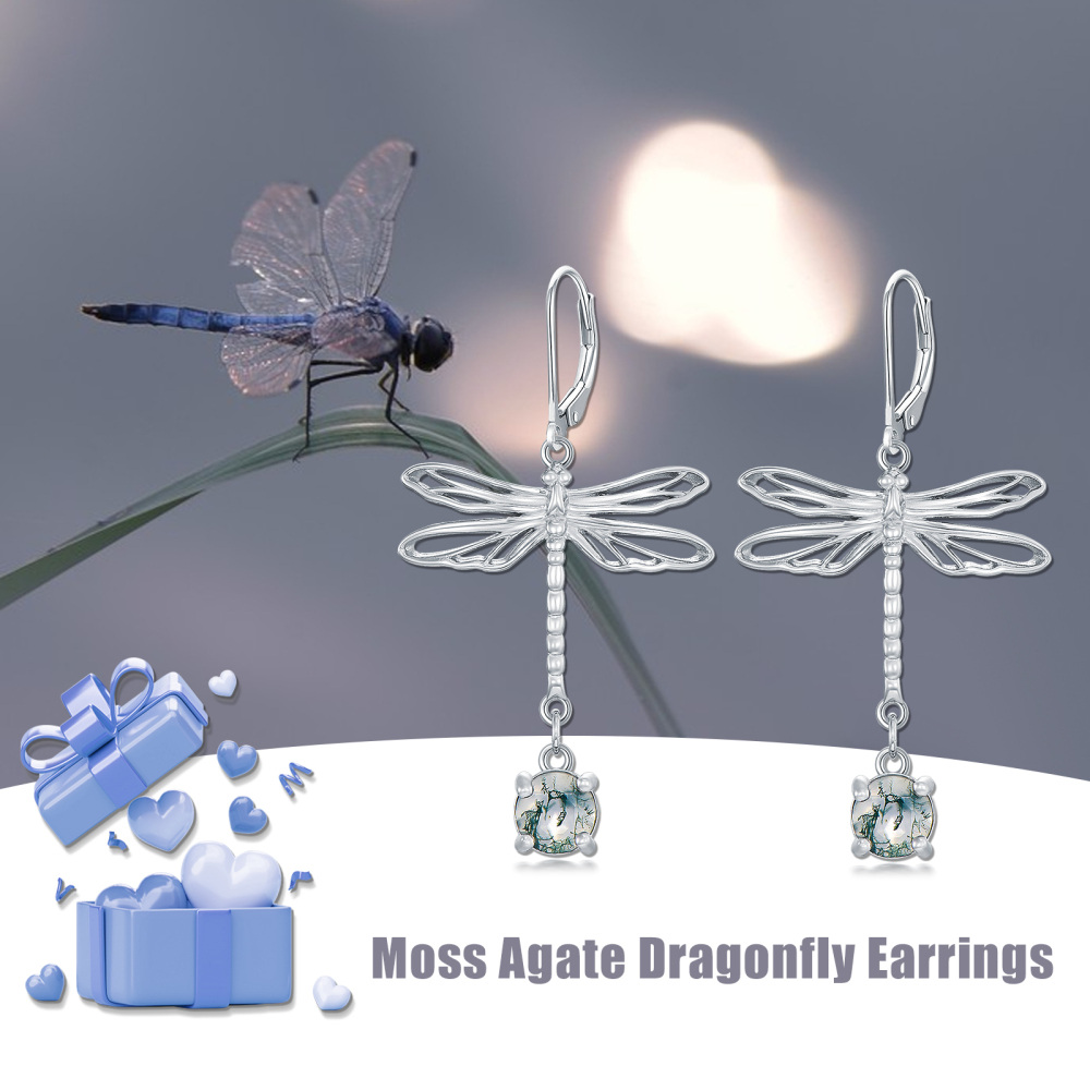 Sterling Silver Circular Shaped Moss Agate Dragonfly Drop Earrings-5