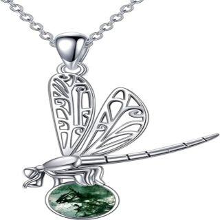 Sterling Silver Circular Shaped Moss Agate Dragonfly Pendant Necklace-6