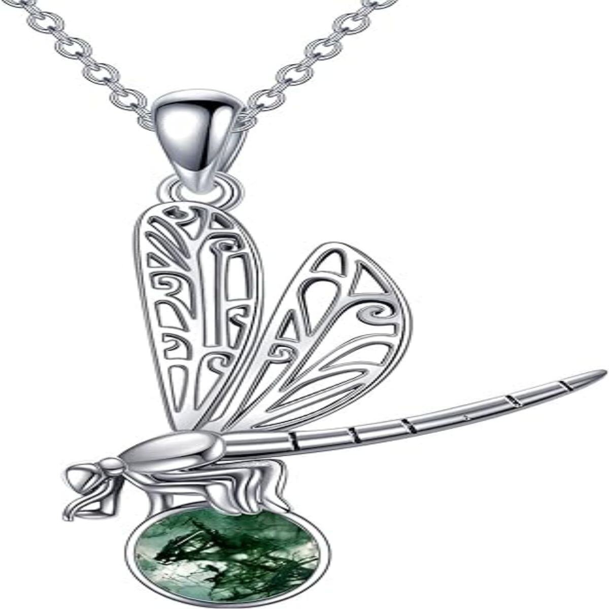 Collana con ciondolo a forma di cerchio in argento sterling con agata muschiata e libellul