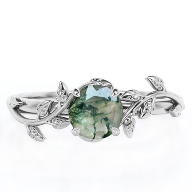 Sterling Silver Circular Shaped Moss Agate Ivy Engagement Ring-1