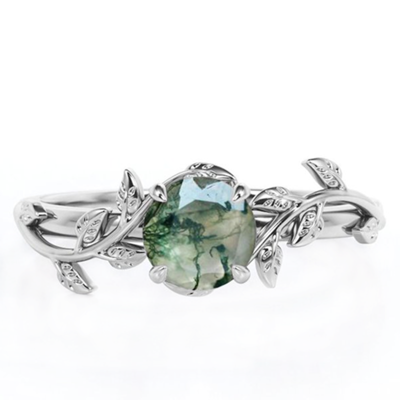 Sterling Silver Round Shaped Moss Agate Ivy Engagement Ring-1