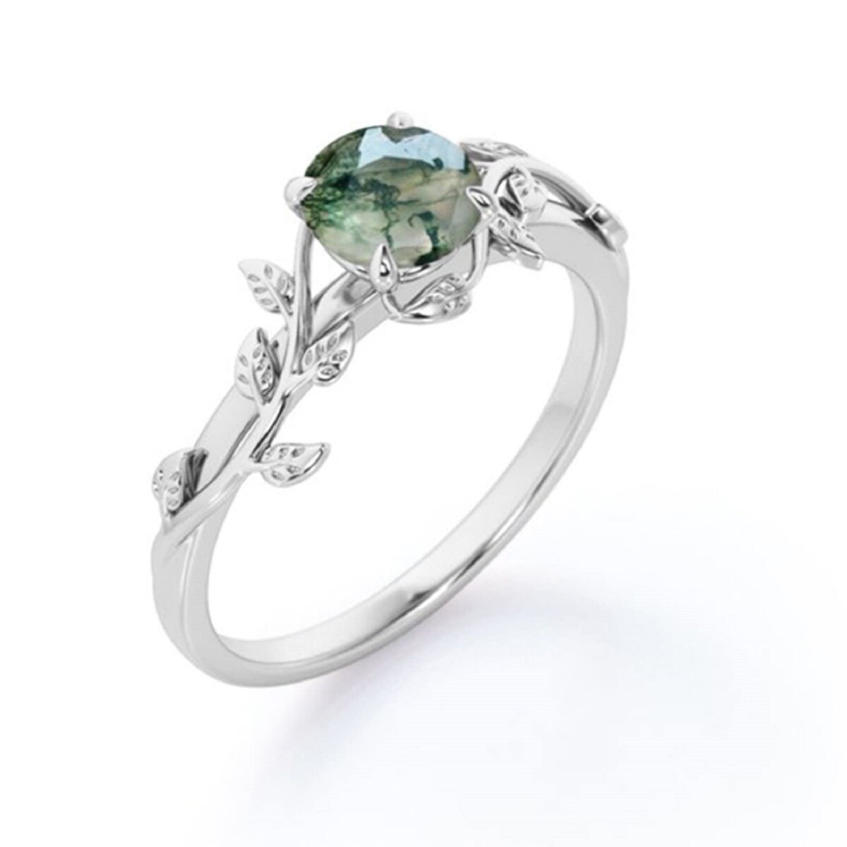 Sterling Silver Circular Shaped Moss Agate Ivy Engagement Ring-5