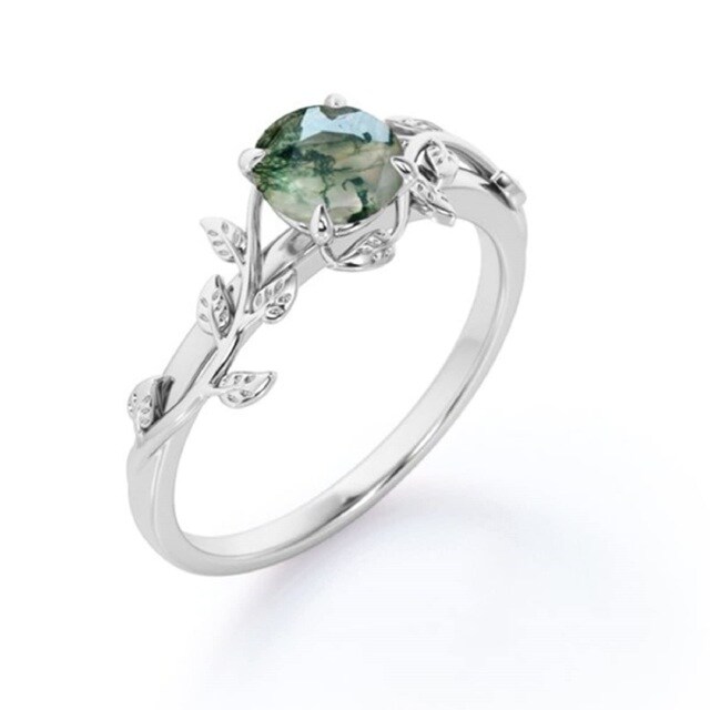 Sterling Silver Circular Shaped Moss Agate Ivy Engagement Ring-5