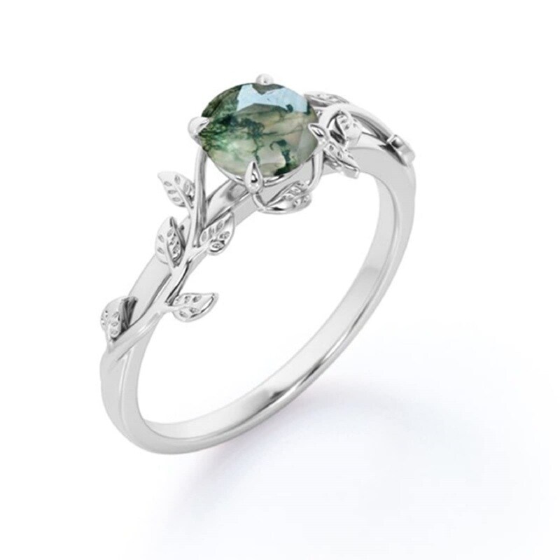 Sterling Silver Round Shaped Moss Agate Ivy Engagement Ring-5