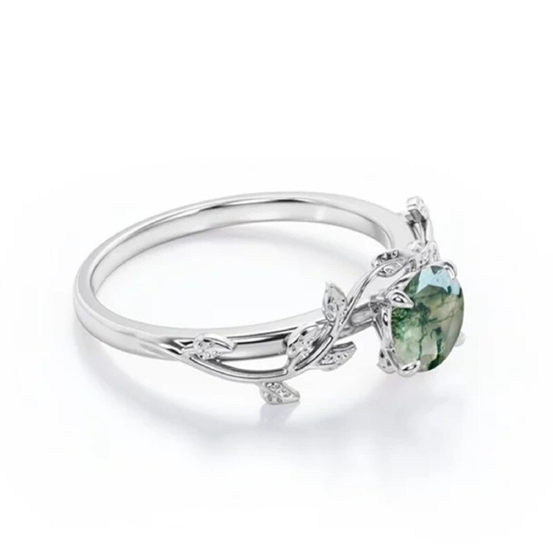 Sterling Silver Round Shaped Moss Agate Ivy Engagement Ring-6