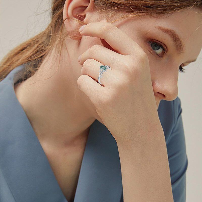 Sterling Silver Round Shaped Moss Agate Ivy Engagement Ring-2