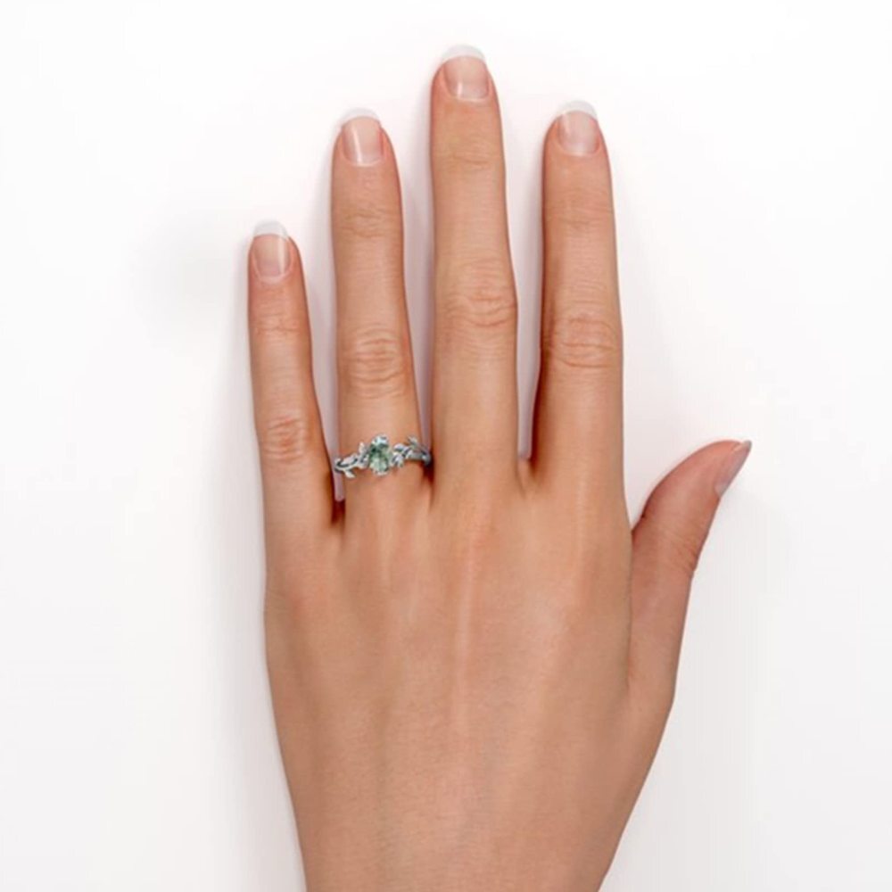 Sterling Silver Round Shaped Moss Agate Ivy Engagement Ring-4