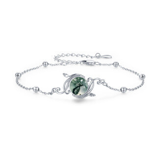 Sterling Silver Circular Shaped Moss Agate Ivy Charm Bracelet-24