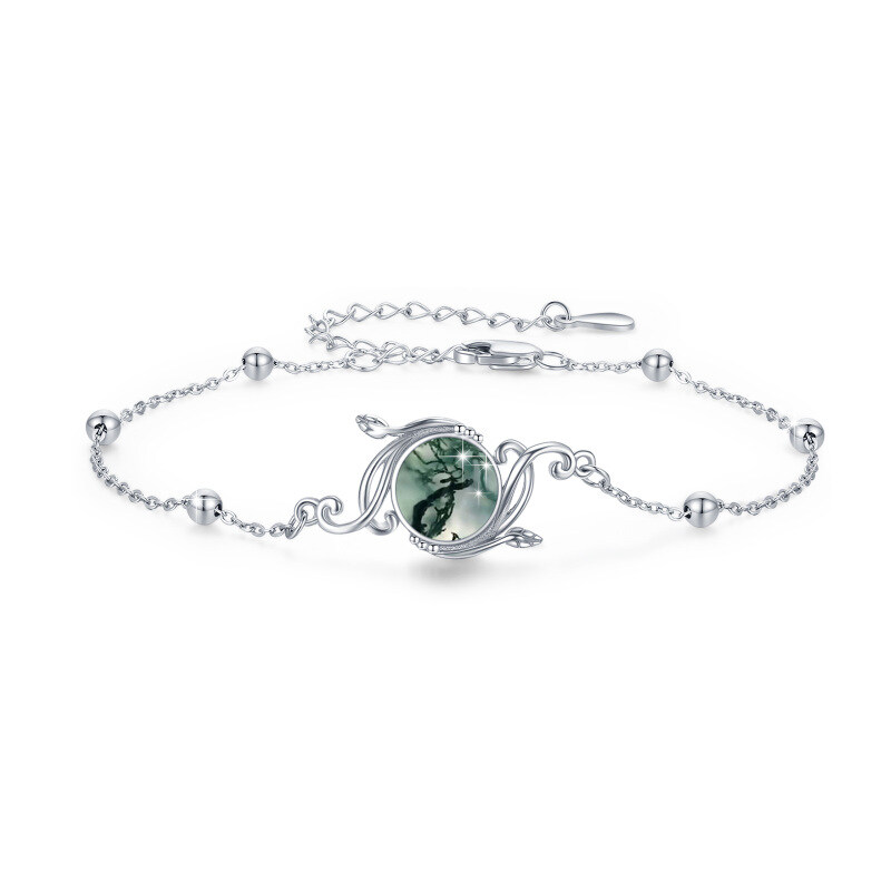Sterling Silver Circular Shaped Moss Agate Ivy Charm Bracelet-3