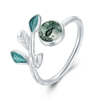 Sterling Silver Circular Shaped Moss Agate Leaves Open Ring-2