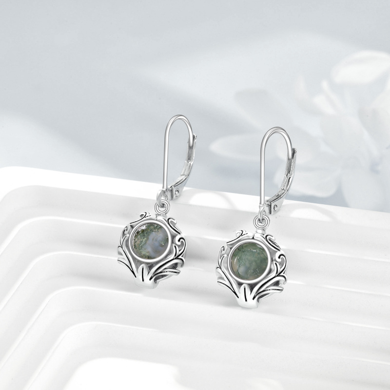Sterling Silver Circular Shaped Moss Agate Lever-back Earrings-3