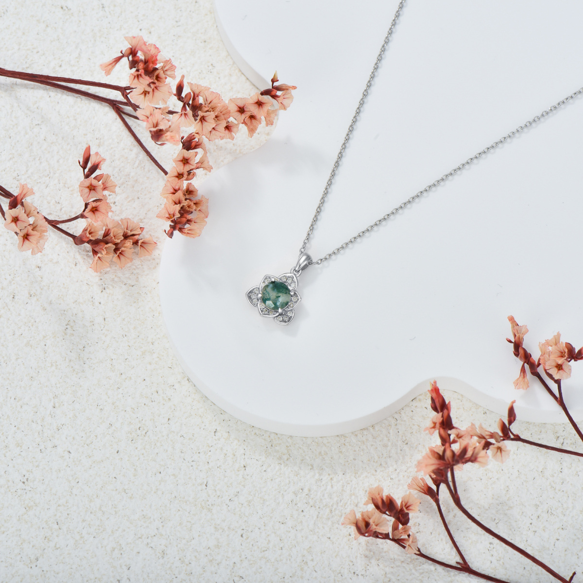 Sterling Silver Circular Shaped Moss Agate Lotus Pendant Necklace-3