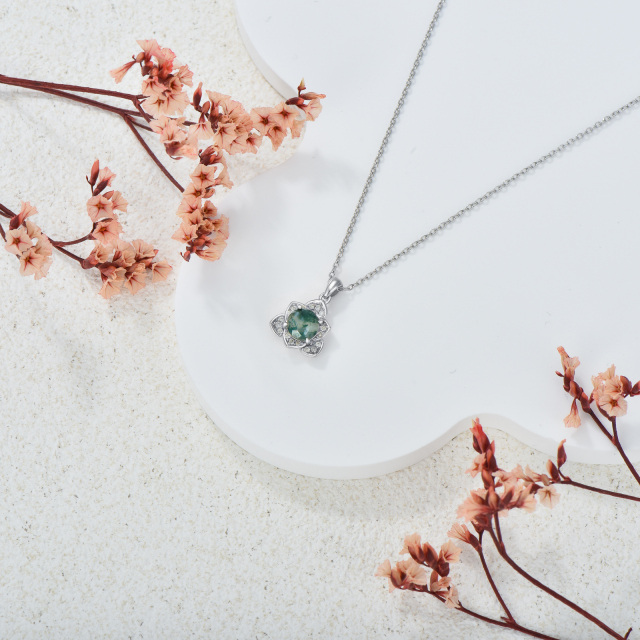 Sterling Silver Circular Shaped Moss Agate Lotus Pendant Necklace-3