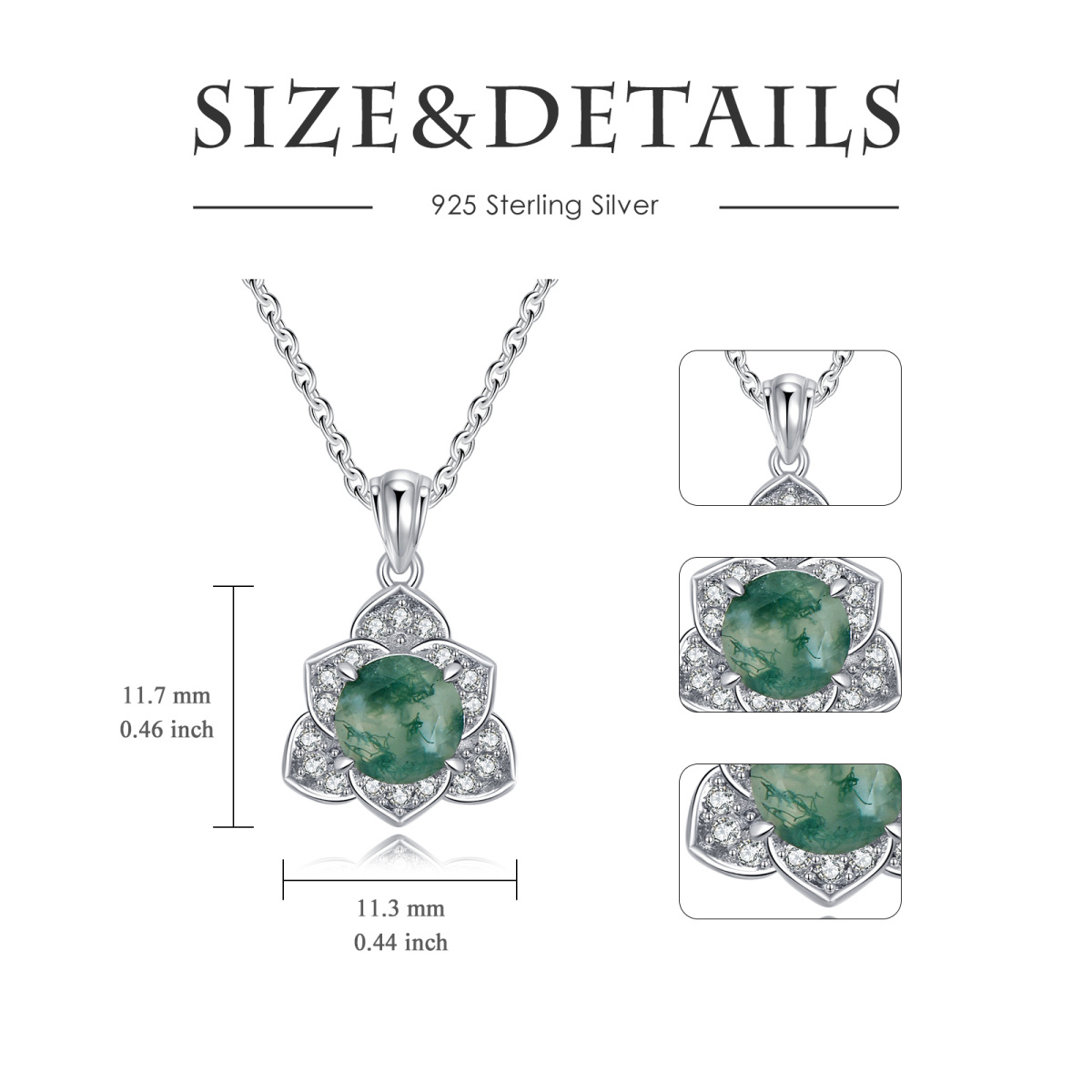 Sterling Silver Circular Shaped Moss Agate Lotus Pendant Necklace-5