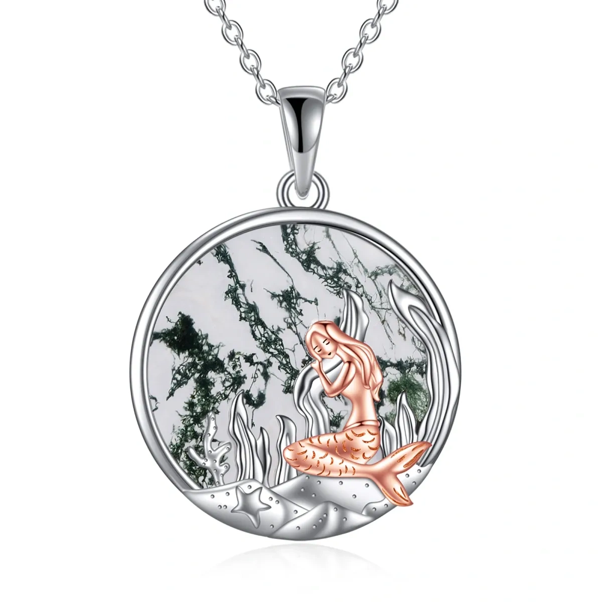 Collier en argent sterling avec pendentif queue de sirène en agate mousse de forme circula-1