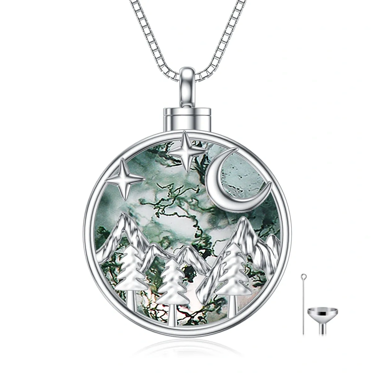 Sterling Silver Circular Moss Agate Moon & Mountains Star Urn Necklace For Ashes With Engraved Word For Women-1