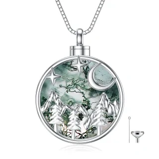 Sterling Silver Circular Moss Agate Moon & Mountains Star Urn Necklace For Ashes With Engraved Word For Women-17