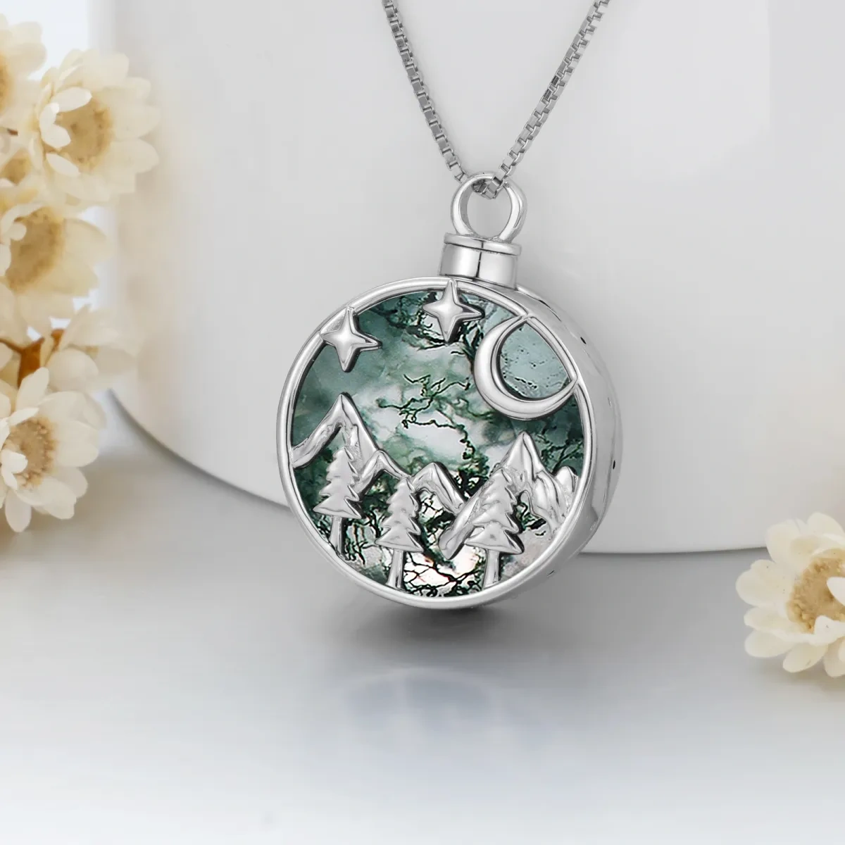 Sterling Silver Circular Moss Agate Moon & Mountains Star Urn Necklace For Ashes With Engraved Word For Women-3