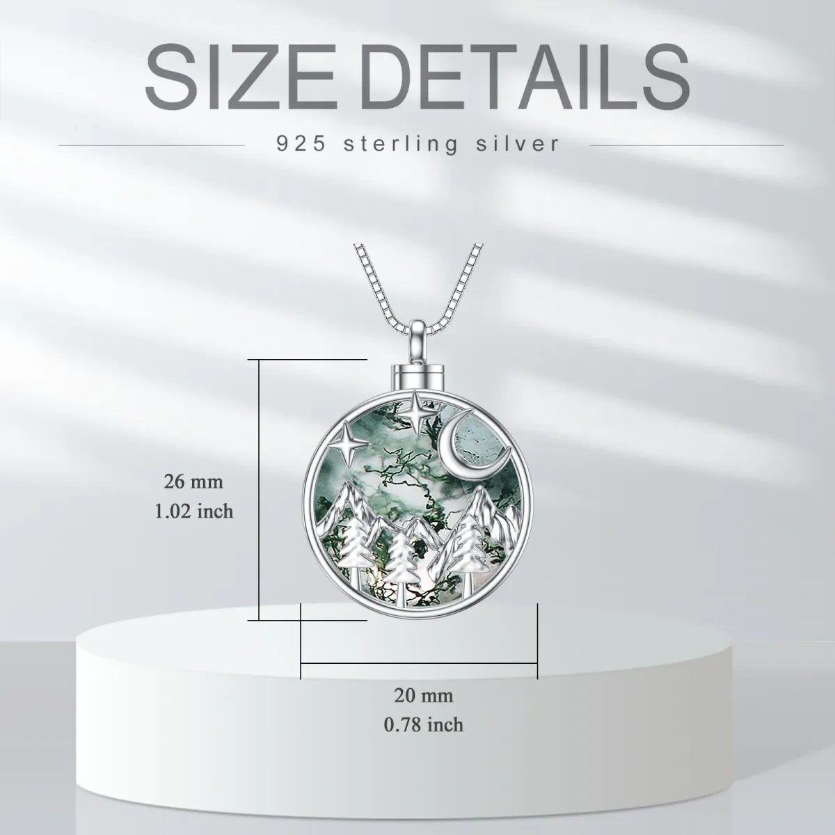 Sterling Silver Circular Moss Agate Moon & Mountains Star Urn Necklace For Ashes With Engraved Word For Women-5