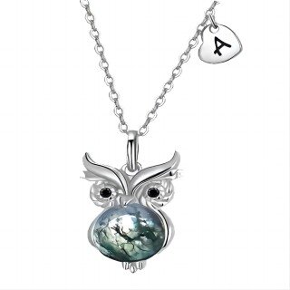 Sterling Silver Circular Shaped Moss Agate Owl Pendant Necklace with Initial Letter A-1