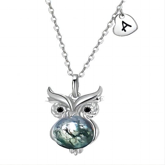 Sterling Silver Circular Shaped Moss Agate Owl Pendant Necklace with Initial Letter A