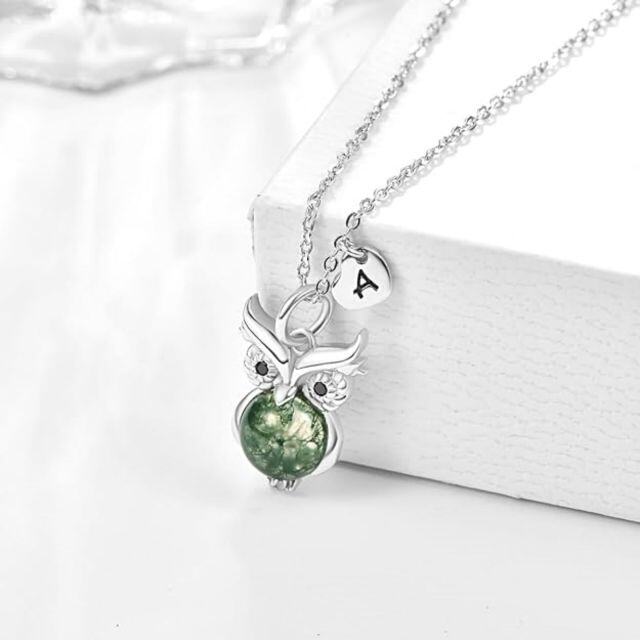 Collana con ciondolo a forma di cerchio in argento sterling, agata muschiata e gufo con lettera iniziale A-3