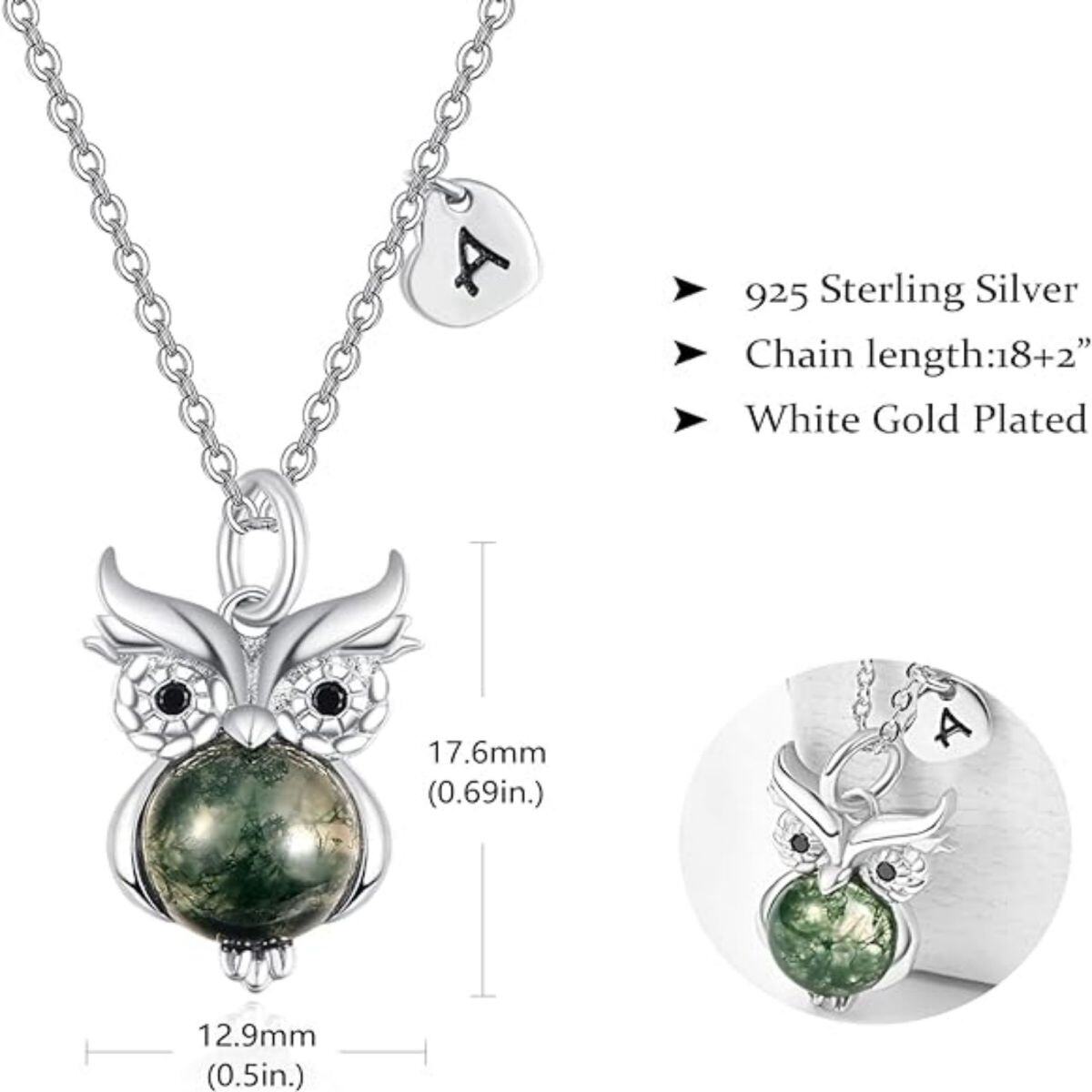 Sterling Silver Circular Shaped Moss Agate Owl Pendant Necklace with Initial Letter A-4