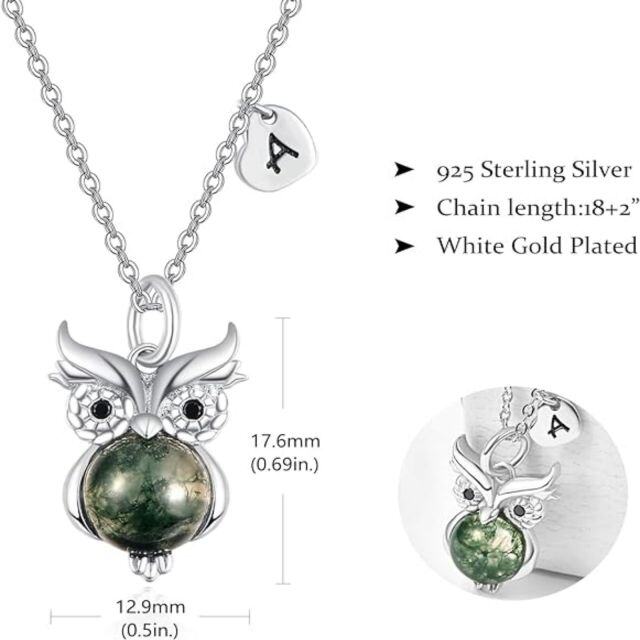 Collier en argent sterling avec pendentif hibou en agate mousse de forme circulaire et let-4