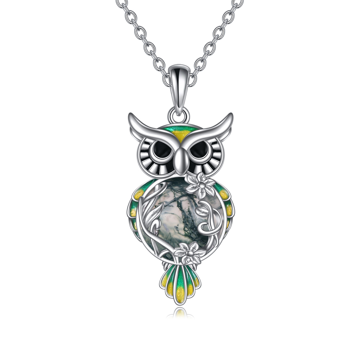 Collier en argent sterling avec pendentif hibou en agate mousse de forme circulaire-1