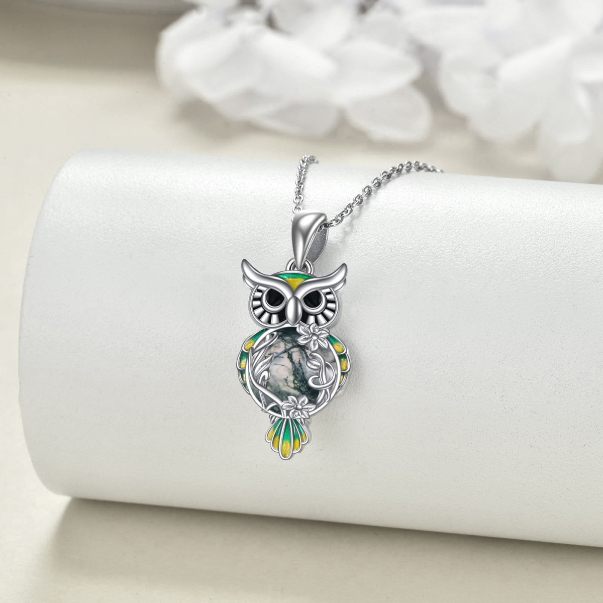 Sterling Silver Circular Shaped Moss Agate Owl Pendant Necklace-3