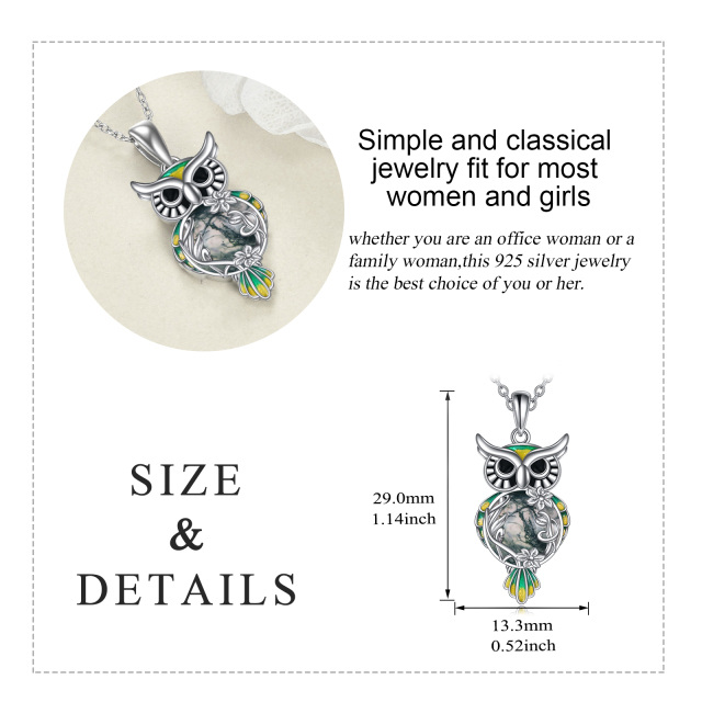 Sterling Silver Circular Shaped Moss Agate Owl Pendant Necklace-5