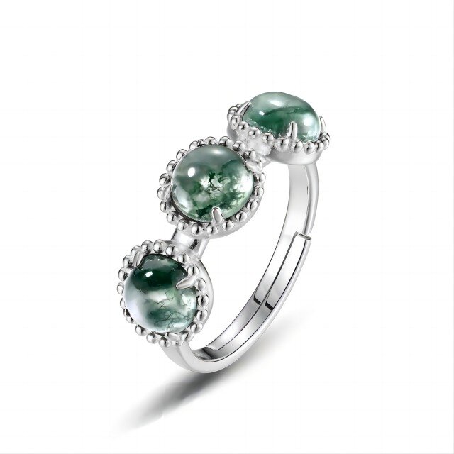 Sterling Silver Circular Shaped Moss Agate Round Open Ring-1