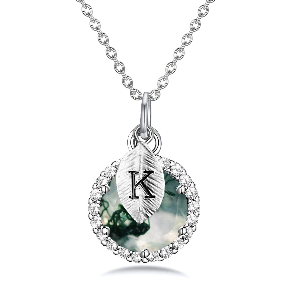 Sterling Silver Circular Shaped Moss Agate Round Pendant Necklace with Initial Letter K-1