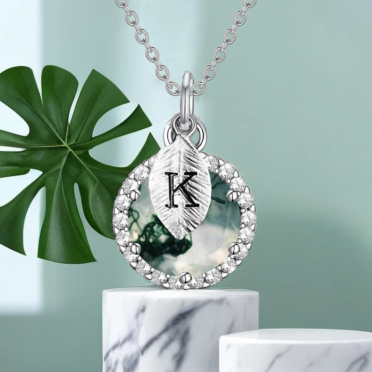 Sterling Silver Circular Shaped Moss Agate Round Pendant Necklace with Initial Letter K-3