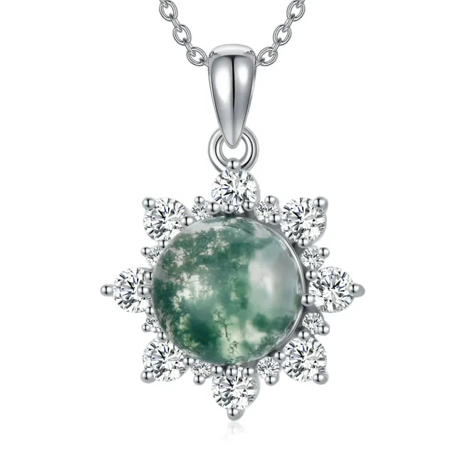 Sterling Silver Circular Shaped Moss Agate Round Pendant Necklace