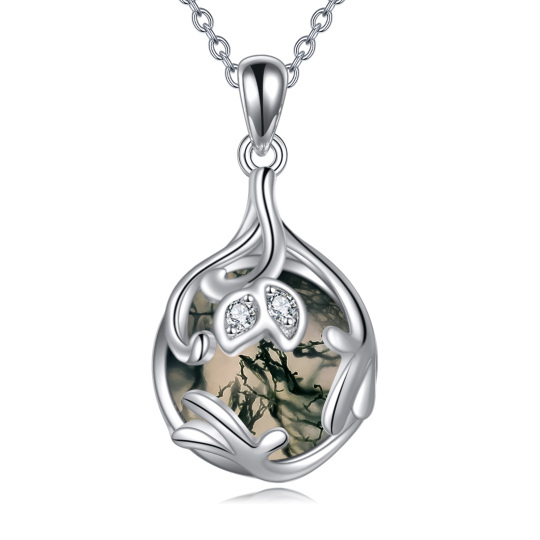 Sterling Silver Circular Shaped Moss Agate Round Pendant Necklace