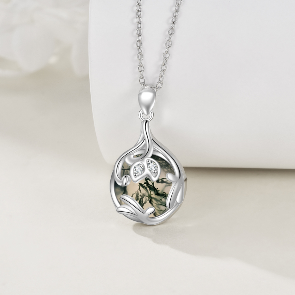 Sterling Silver Circular Shaped Moss Agate Round Pendant Necklace-3