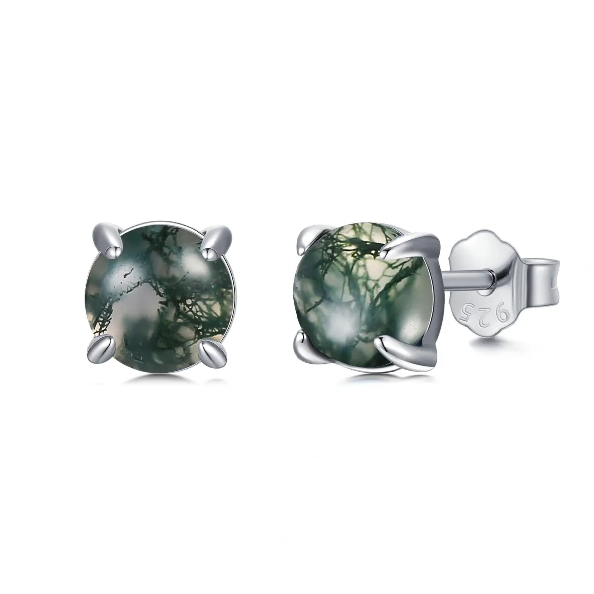 Sterling Silver Circular Shaped Moss Agate Round Stud Earrings-1