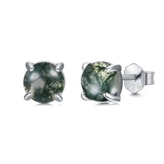 Sterling Silver Circular Shaped Moss Agate Round Stud Earrings-14