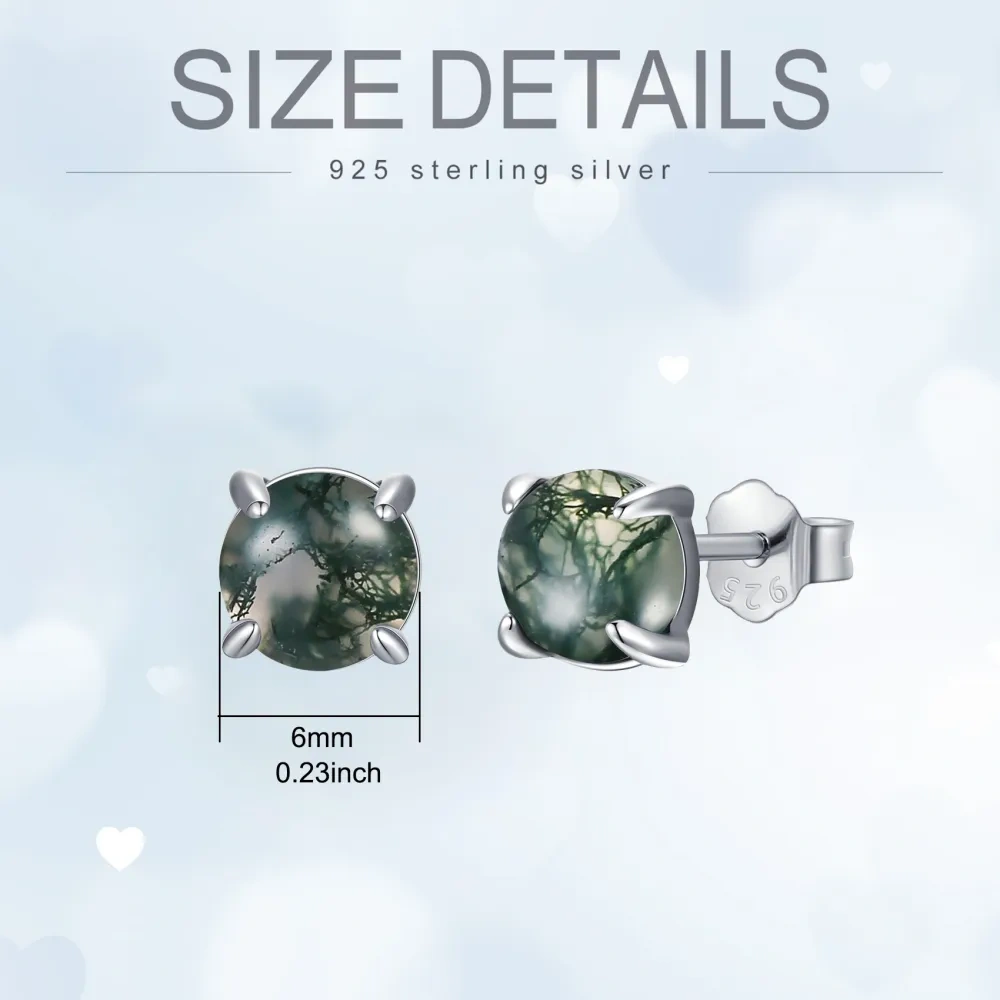 Sterling Silver Circular Shaped Moss Agate Round Stud Earrings-3