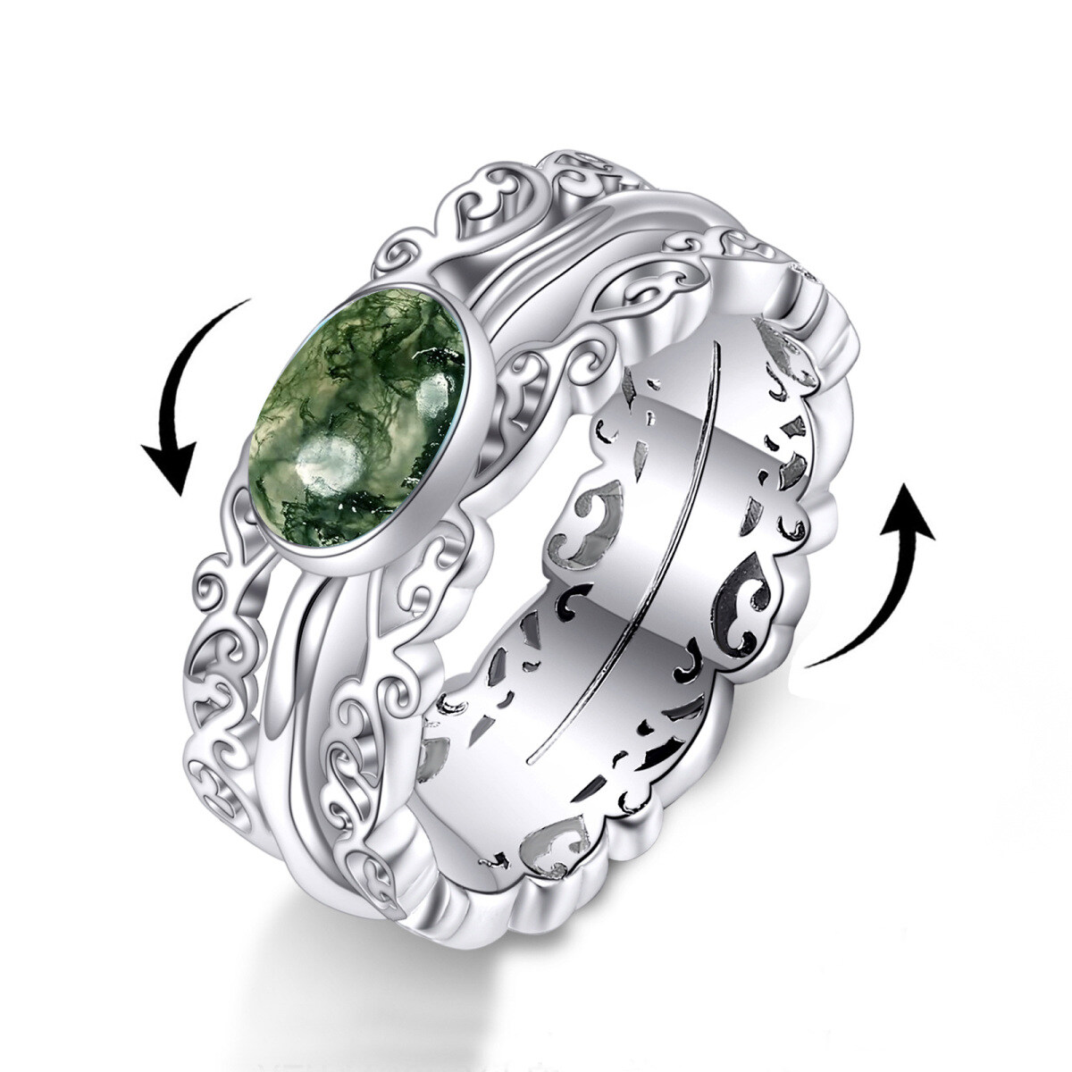 Sterling Silver Circular Shaped Moss Agate Spinner Ring-1