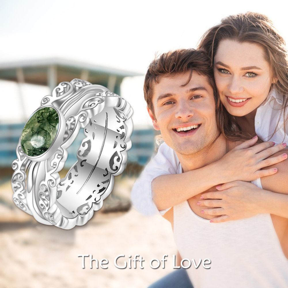 Sterling Silver Round Shaped Moss Agate Spinner Ring-2