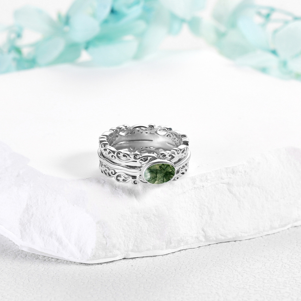 Sterling Silver Round Shaped Moss Agate Spinner Ring-3