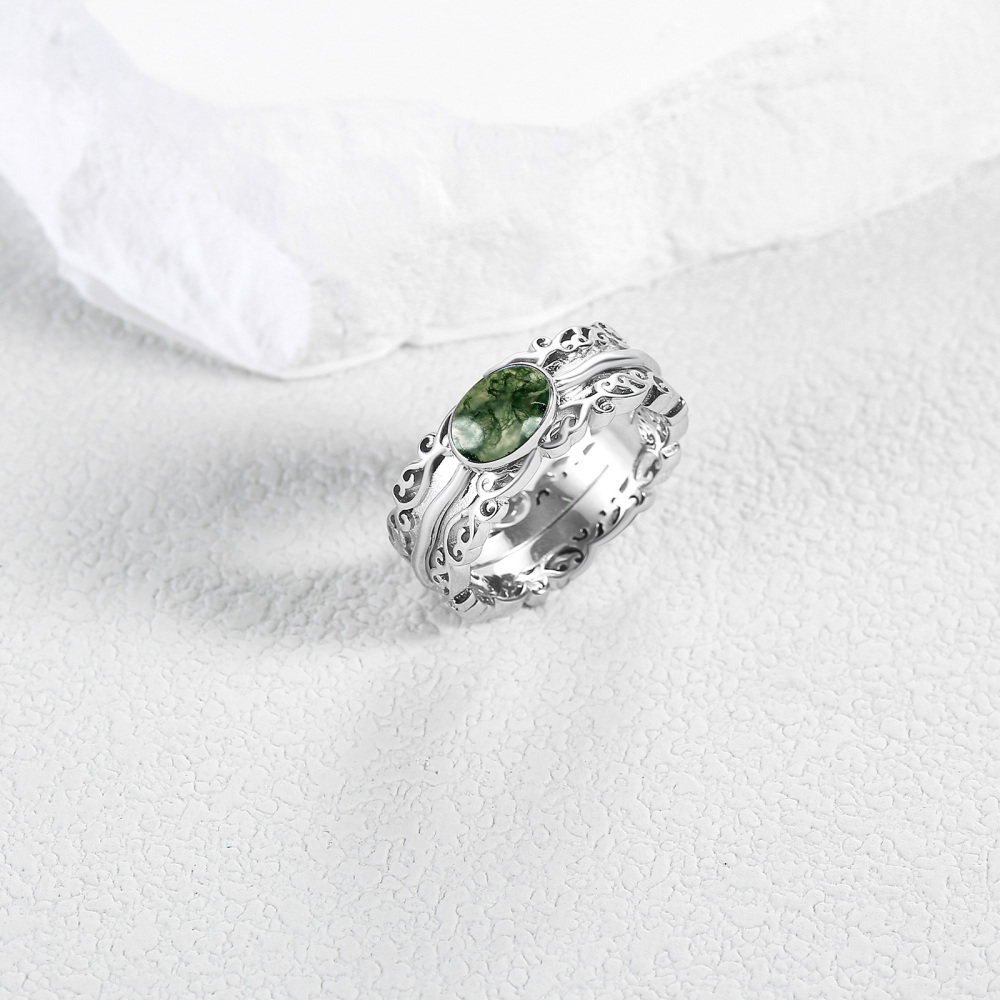 Sterling Silver Round Shaped Moss Agate Spinner Ring-4