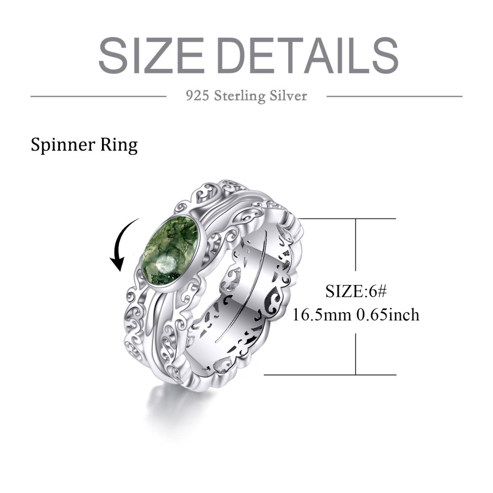 Sterling Silver Round Shaped Moss Agate Spinner Ring-5